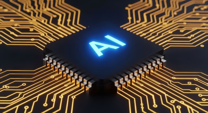 Glowing circuit board with central processing unit displays artificial intelligence technology and advanced machine learning capabilities