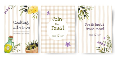Mediterranean frames with food, lavender and olives. Watercolor posters. Perfect for cooking and kitchen design.