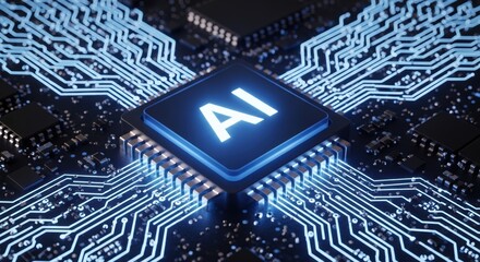 Electronic circuit board displaying digital information flowing through interconnected pathways for high tech systems