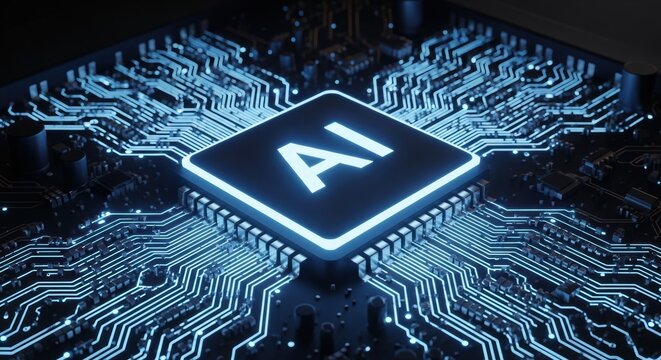 Integrated circuit board with glowing artificial intelligence letters illuminates technology and innovation in futuristic design