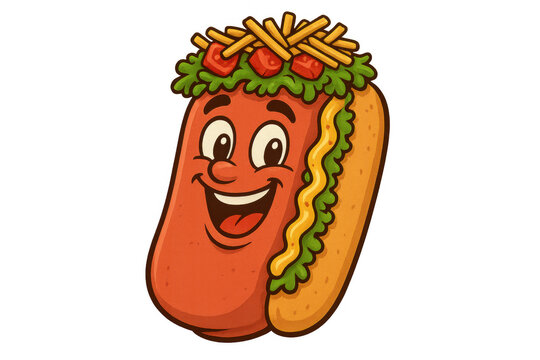 Happy hot dog mascot cartoon smiling with toppings, fast food character promoting fun snack - Powered by Adobe