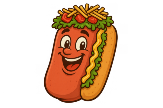 Happy hot dog mascot cartoon smiling with toppings, fast food character promoting fun snack