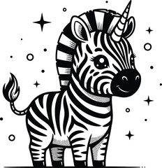 Cute zebra unicorn hybrid character in magical cartoon vector style