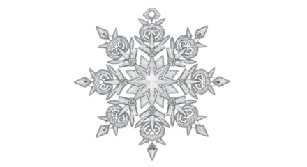 Intricate white snowflake ornament with detailed crystalline structure isolated on transparent background