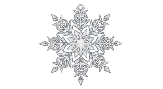 Intricate white snowflake ornament with detailed crystalline structure isolated on transparent background