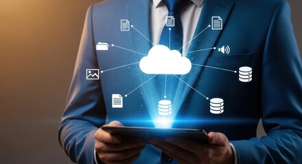 Businessman utilizes cloud computing technology on digital tablet for data management file storage and network security solutions