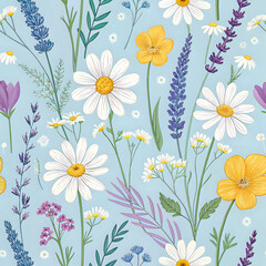 Colorful Wildflower Pattern Featuring Daisies, Lavender, and Buttercups on Light Blue