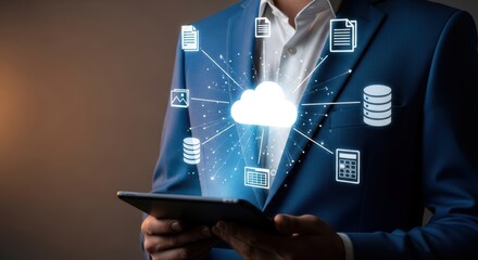 Businessman manages data using tablet cloud computing technology for business innovation strategy and digital transformation optimization