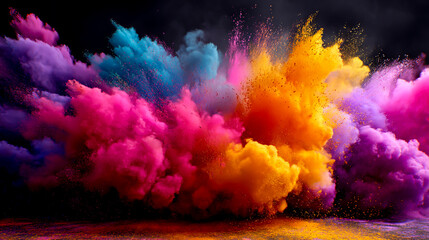 Colorful powder explosion in the air, with pink, purple, blue, yellow, and orange hues