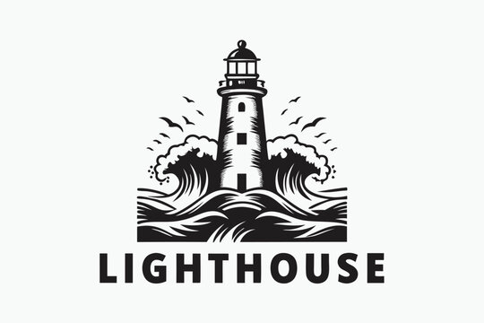 A monochrome lighthouse stands defiantly as ocean waves crash around it with soaring birds above