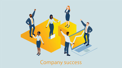 A diverse group of business professionals is joyfully celebrating a successful company achievement depicted in a vibrant and modern vector illustration