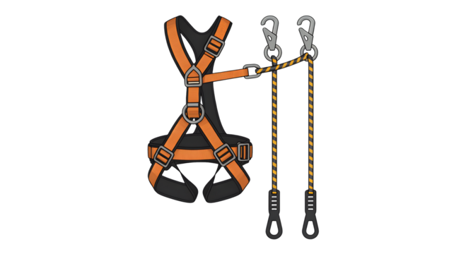 A climbing harness with safety ropes and carabiners is ready for use.