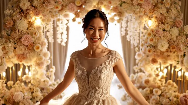 Happy Asian Bride Twirling and Smiling Near Flower Arch