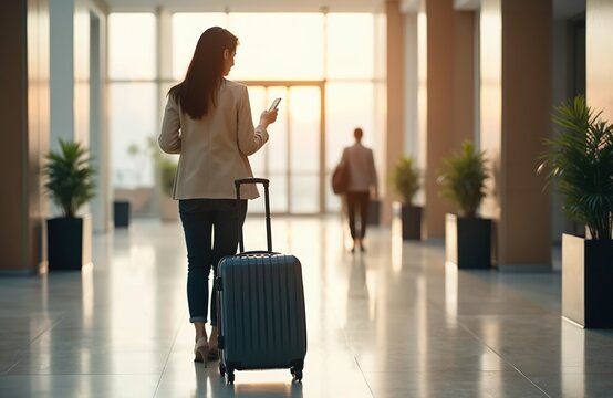 Asian businesswoman walks with rolling suitcase in modern hotel lobby. Actively uses phone, looking at screen. Young female traveler on business trip, managing schedule communicating. Checks messages