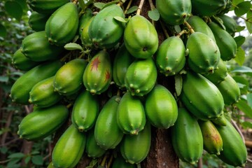 Sun Drenched Rows of Tropical Fruit Trees in an Orchard An eye level shot of meticulously planted rows of tropical fruit trees. Sunlight streams through the leaves, highlighting ripe fruits. The scene