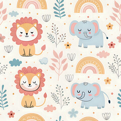 Cute baby animal doodle pattern featuring lions, cats, elephants and foxes in pastel tones, seamless kids background
