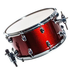 Shiny Red Snare Drum with Silver Hardware Isolated on a Black Background with Subtle Lighting and Reflections