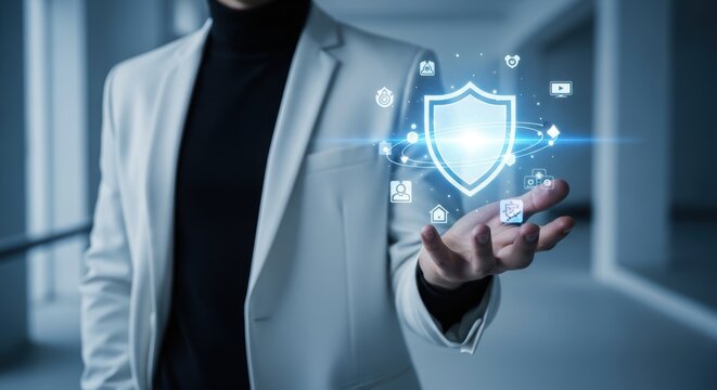Man holds a digital shield representing network security and data protection in a futuristic tech environment