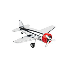 Shiny silver airplane with red nose and white propeller isolated on a black background studio shot macro photography with natural highlights