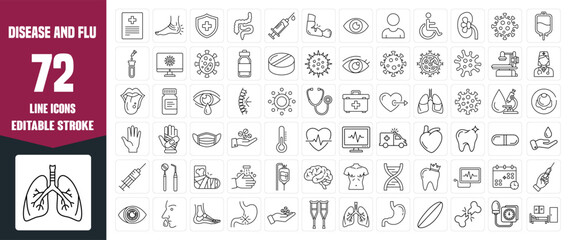 Disease Line Icon Set — Editable Stroke Vector Symbols of Flu, Illness, Allergy, Pain, Sickness, and Medical Health Conditions
