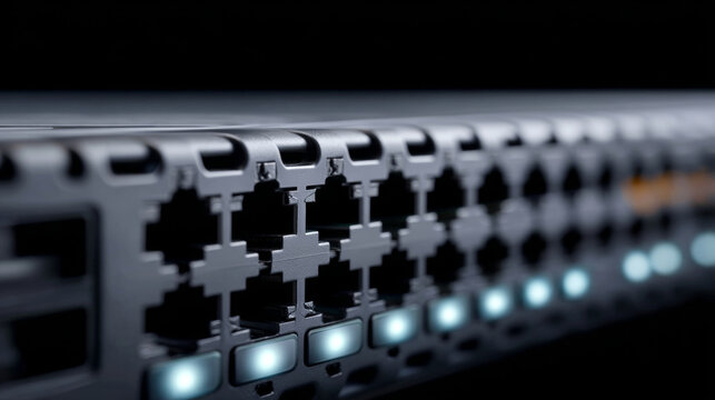 Close-up view of network switch ports with illuminated status lights in a data center environment showing connectivity and technology infrastructure