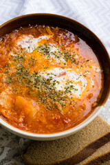 Delicious and aromatic red soup with meat, Ukrainian borscht with sour cream and dill. Traditional Ukrainian dish, cuisine