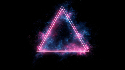 Bright pink triangle illuminated by glowing neon lights with swirling blue and purple smoke. The high-tech concept conveys energy, modernity, and digital aesthetics.