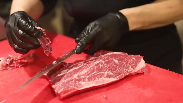 Professional chef wearing black gloves slicing Wagyu beef very thin on red cutting board for Shabu Shabu hotpot in contemporary kitchen highlighting precision skill freshness and culinary mastery