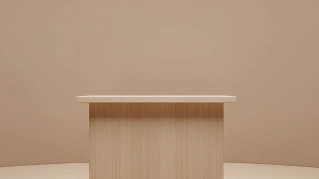 A camera smoothly approaches an empty wooden lectern on a minimalist stage against a curved, neutral beige backdrop. This clean and modern studio setup is perfect for corporate presentations, educatio
