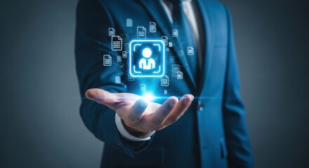 Businessman presents digital files and user profile data management with modern technology for business solutions innovation and productivity