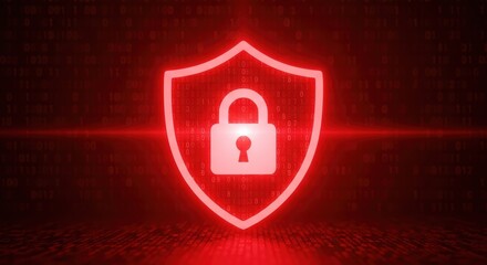 Digital data protection concept shows a red shield and padlock for cybersecurity and privacy over abstract binary code background