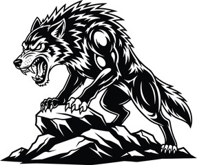 Aggressive wolf standing on rock in detailed black and white illustration
