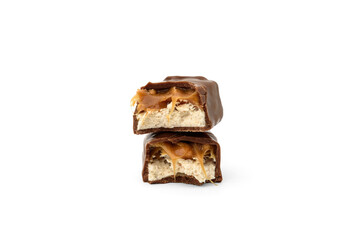 Chocolate bar with nougat, caramel and peanut isolated on white background.