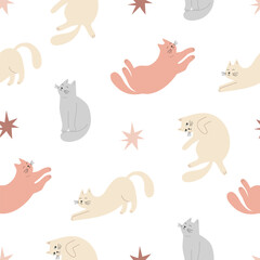 Cute seamless pattern with funny various cats and bows. Vector background for children's textile, clothing and wallpapers
