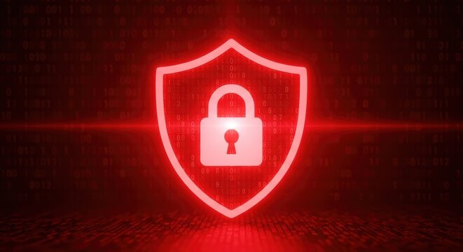 Digital data protection concept shows a red shield and padlock for cybersecurity and privacy over abstract binary code background