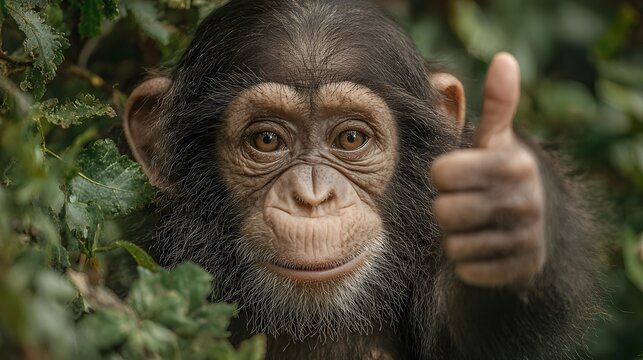 Heartwarming and charming photo of a young chimpanzee looking at the camera and giving a thumbs-up while eating in a lush, green habitat.