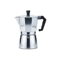 Shiny Silver Moka Pot Coffee Maker Isolated on Black Background with Studio Lighting and Reflective Surface