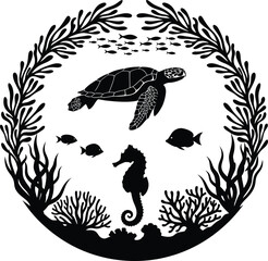 Underwater marine life illustration with turtle seahorse and coral in circular frame