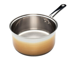 Shiny Silver Pot with Wood Grain Patterned Exterior and Long Handle Isolated on Black Background