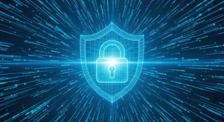 Cybersecurity digital shield with padlock for data protection and encryption depicts network defense against online threats
