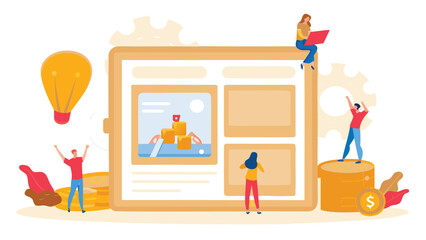 Modern giant tablet displaying a vibrant crowdfunding website interface with diverse project categories and funding progress bars perfect for finance and technology themes