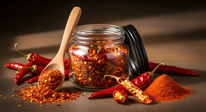 Glass jar filled with dried chili flakes and whole red peppers arranged with a wooden spoon