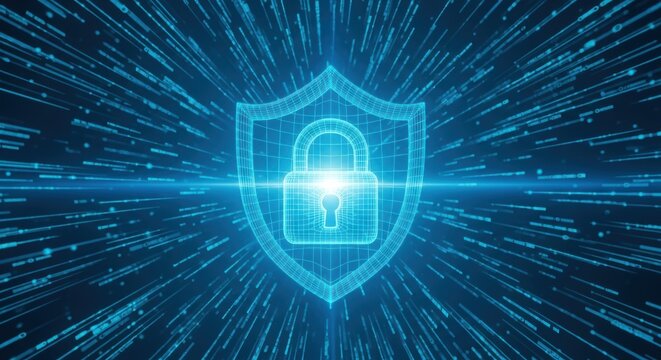 Cybersecurity digital shield with padlock for data protection and encryption depicts network defense against online threats - Powered by Adobe