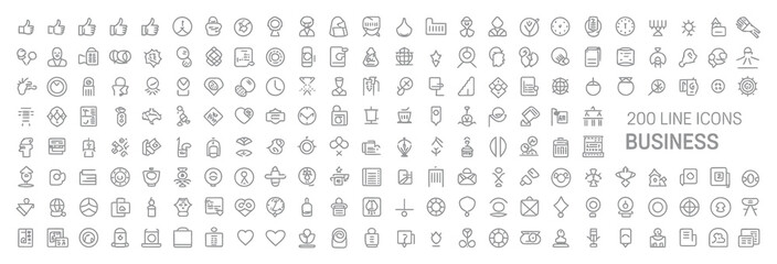 200-line business icon pack including finance, communication, teamwork, and office symbols — suitable for professional dashboards, web interfaces, mobile apps, and presentation graphics.