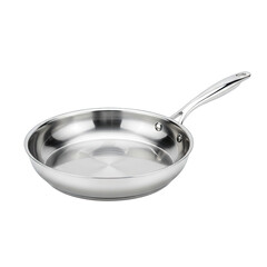 Shiny Silver Stainless Steel Frying Pan with Long Handle Isolated on a Clean White Background Kitchenware for Cooking Culinary Use Object Photography