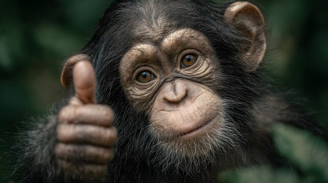 Heartwarming and charming photo of a young chimpanzee looking at the camera and giving a thumbs-up while eating in a lush, green habitat.