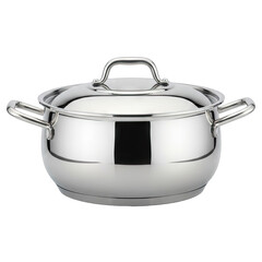 Shiny Stainless Steel Cooking Pot With Lid and Handles Isolated on Black Background Product Photography Kitchenware Studio Shot