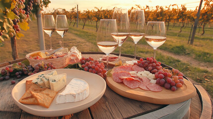 Charcuterie board with assorted cheese, ham, grapes and wine glasses on table in vineyard. Cozy fall food and wine scene under soft sunset lighting.