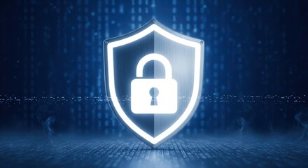 Digital shield with padlock represents network security cyber defense and data protection on a blue binary code background