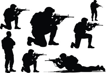 Soldier Silhouette Action Poses Vector Set